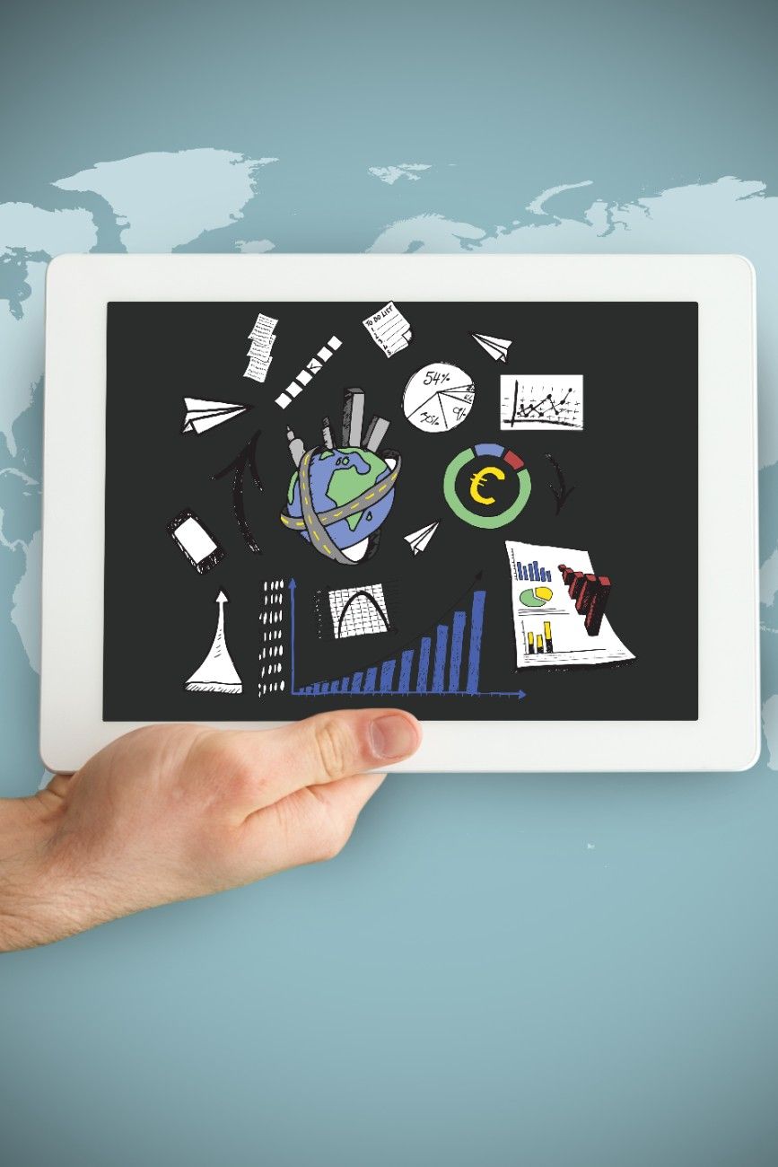 Visual of data charts, creative elements, and strategic planning tools merging together
